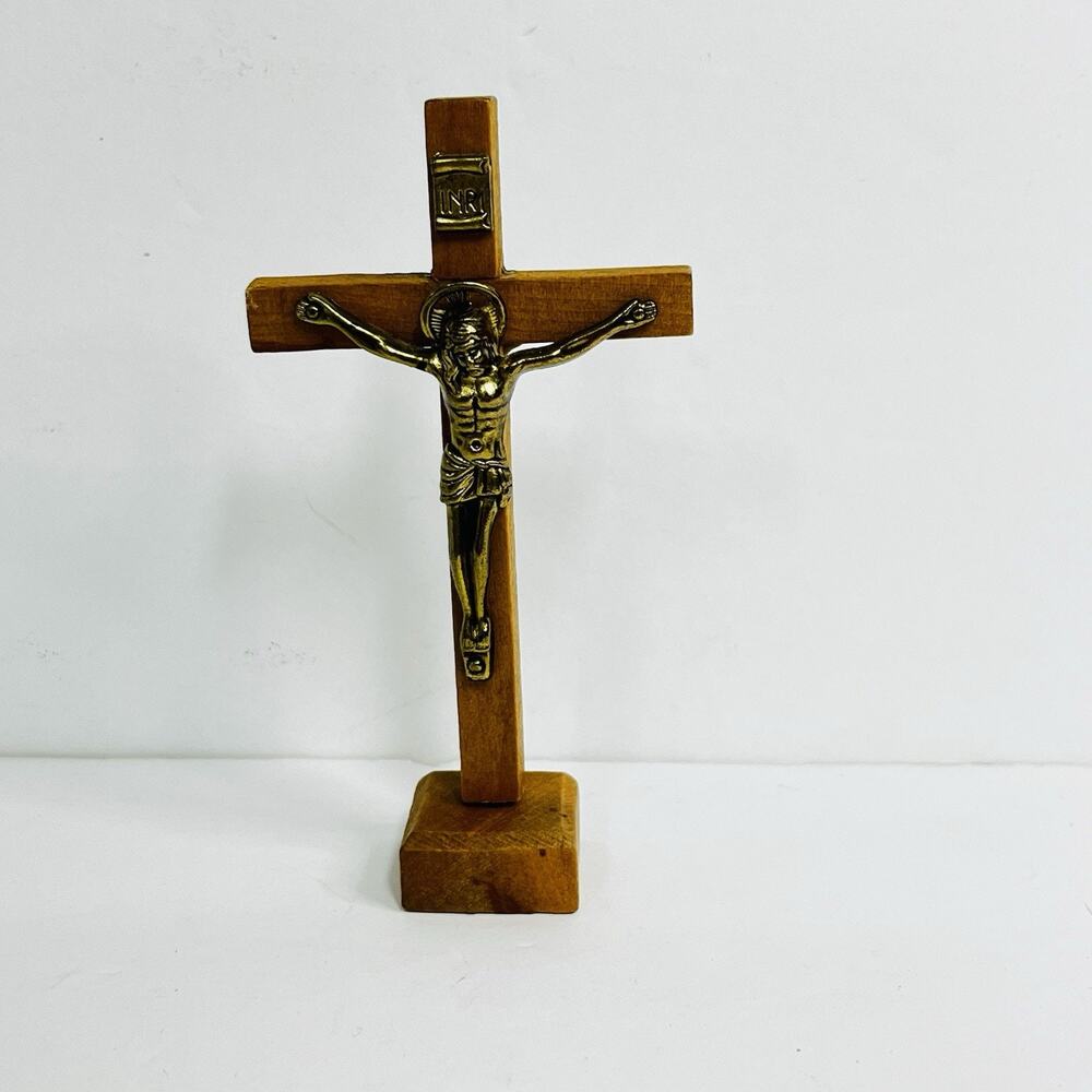 crucifix inri table top wood and metal 4.5 inch lw jesus catholic‎ christian